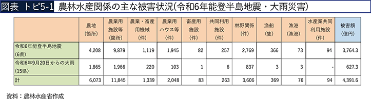 図表 トピ5-1 農林水産関係の主な被害状況(令和6年能登半島地震・大雨災害) 図表 トピ5-1 農林水産関係の主な被害状況(令和6年能登半島地震・大雨災害)