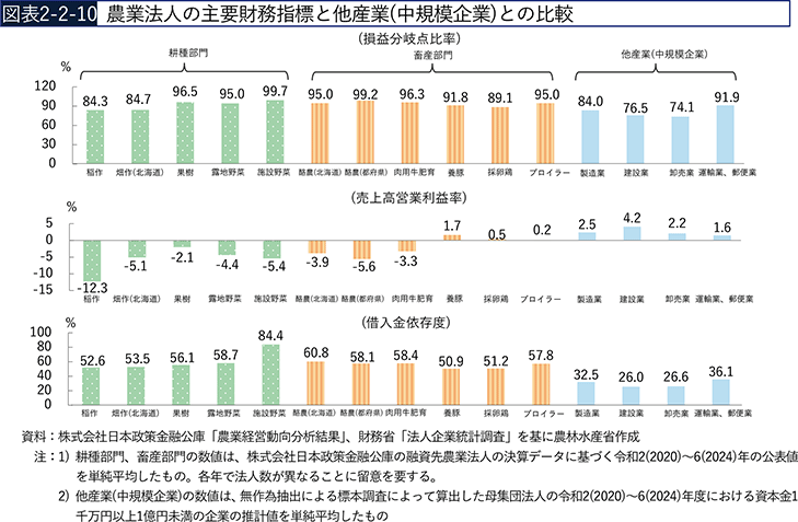 図表2-2-10　農業法人の主要財務指標と他産業（中規模企業）との比較