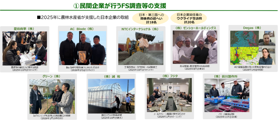 「①民間企業が行うFS調査等の支援」と題したスライド。2025年に農林水産省が支援した日本企業の取組として、日本・第三国への関係者招へい計18名、日本企業関係者のウクライナ等訪問計20名という実績が示されている。 掲載企業と活動内容は以下のとおり。 上段(5社): 愛宕商事(株) 農産物の輸出入に関する商談(2025年10月@ウクライナ) AC Biode(株) Bio SAPの現地普及に向けた打合せ(2026年2月@ウクライナ) NTCインターナショナル(株) 土壌改良材(STEIN)の試験施工(2025年10月@ウクライナ) (株)ゼンショーホールディングス 寿司製造・衛生管理の技術研修(2025年8月@東京) Degas(株) AIで衛星画像を用いた農地管理の打合せ(2026年1月@WEB) 下段(4社): グリーン(株) IoTセンシングを活用した施設農業の視察(2026年1月@神奈川) (株)誠和 園芸ハウスの技術研修(2025年10月@栃木) (株)フジタ コールドチェーン構築に関する打合せ(2026年1月@ポーランド) (株)前川製作所 ベリーの輸送試験(2025年11月@茨城)
