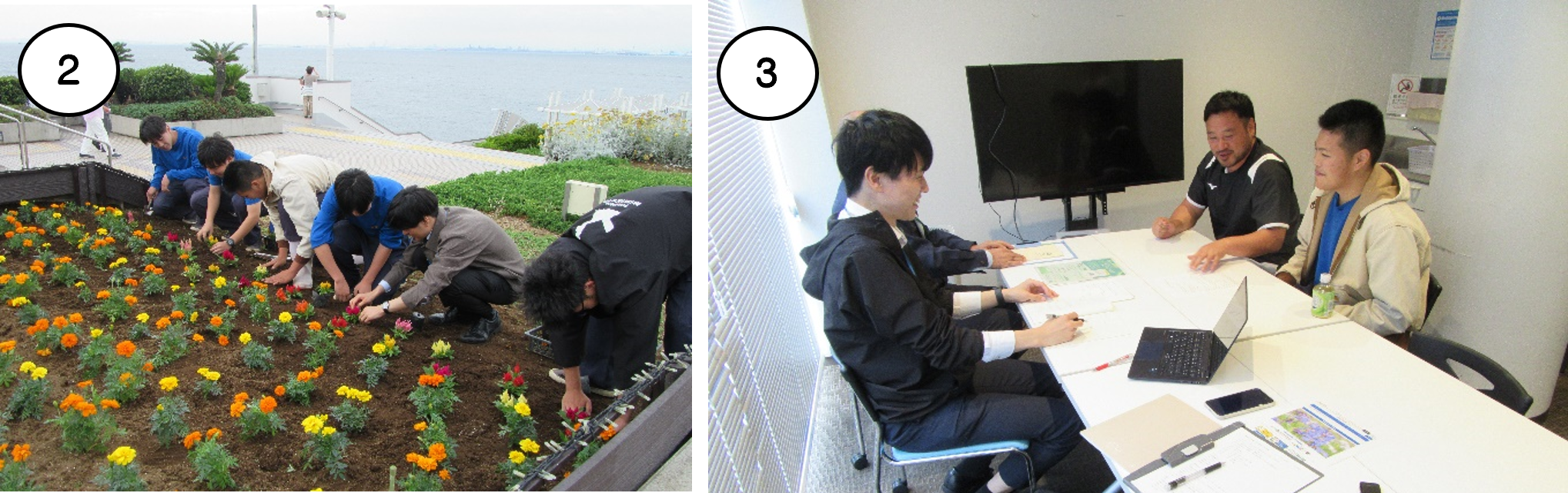 植栽活動の様子と取材の様子
