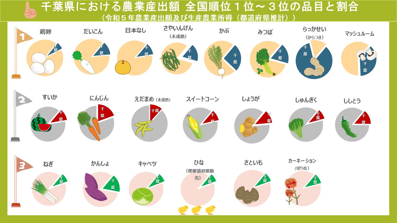 千葉県の農業産出額　全国順位1位～３位