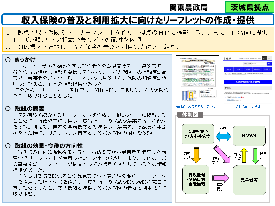 収入保険の普及と利用拡大に向けたリーフレットの作成・提供