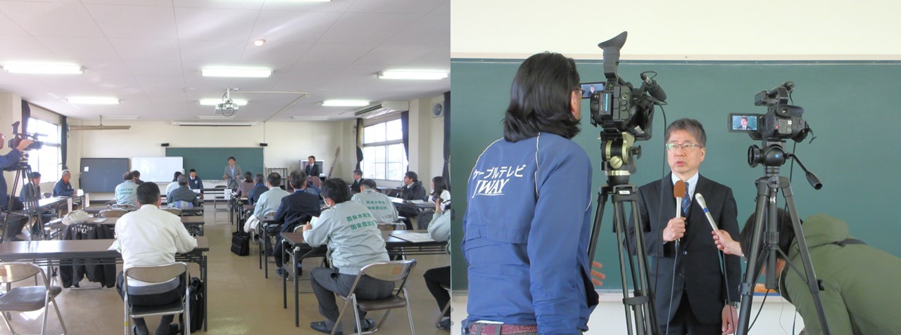 （左）日本農業実践学園で意見交換、（右）取材を受ける竹山地方参事官