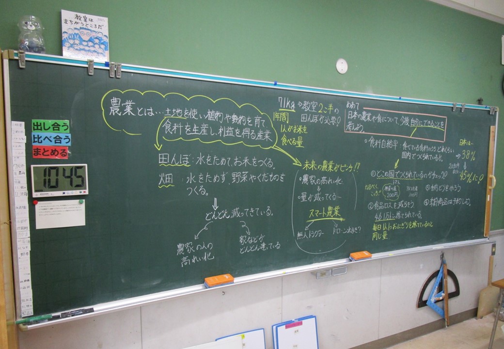 黒板に「農業とは」をテーマとした説明を書いている写真