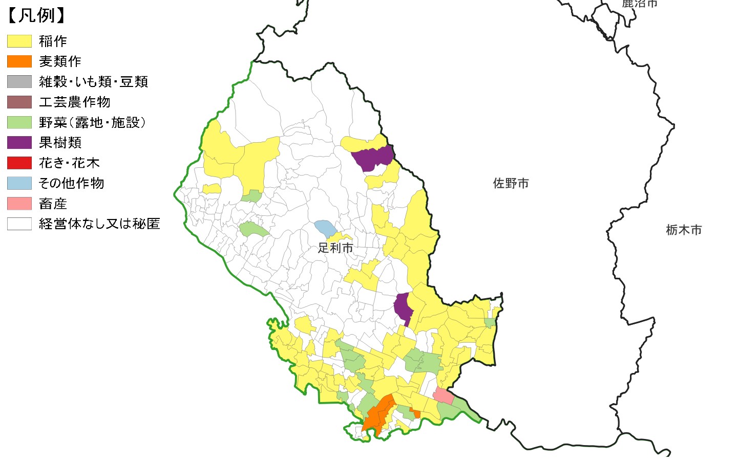 足利市の農産物販売金額1位部門経営体表示地図