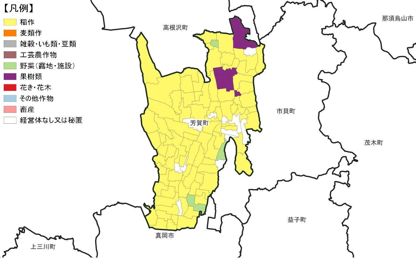 芳賀町の農産物販売金額1位部門経営体表示地図