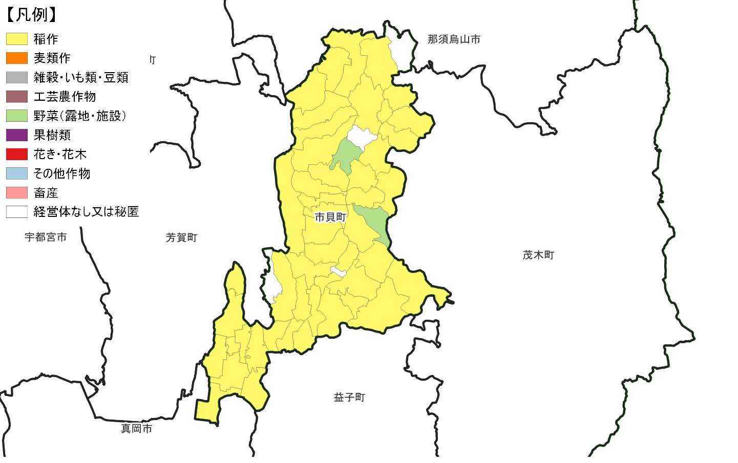 市貝町の農産物販売金額1位部門経営体表示地図
