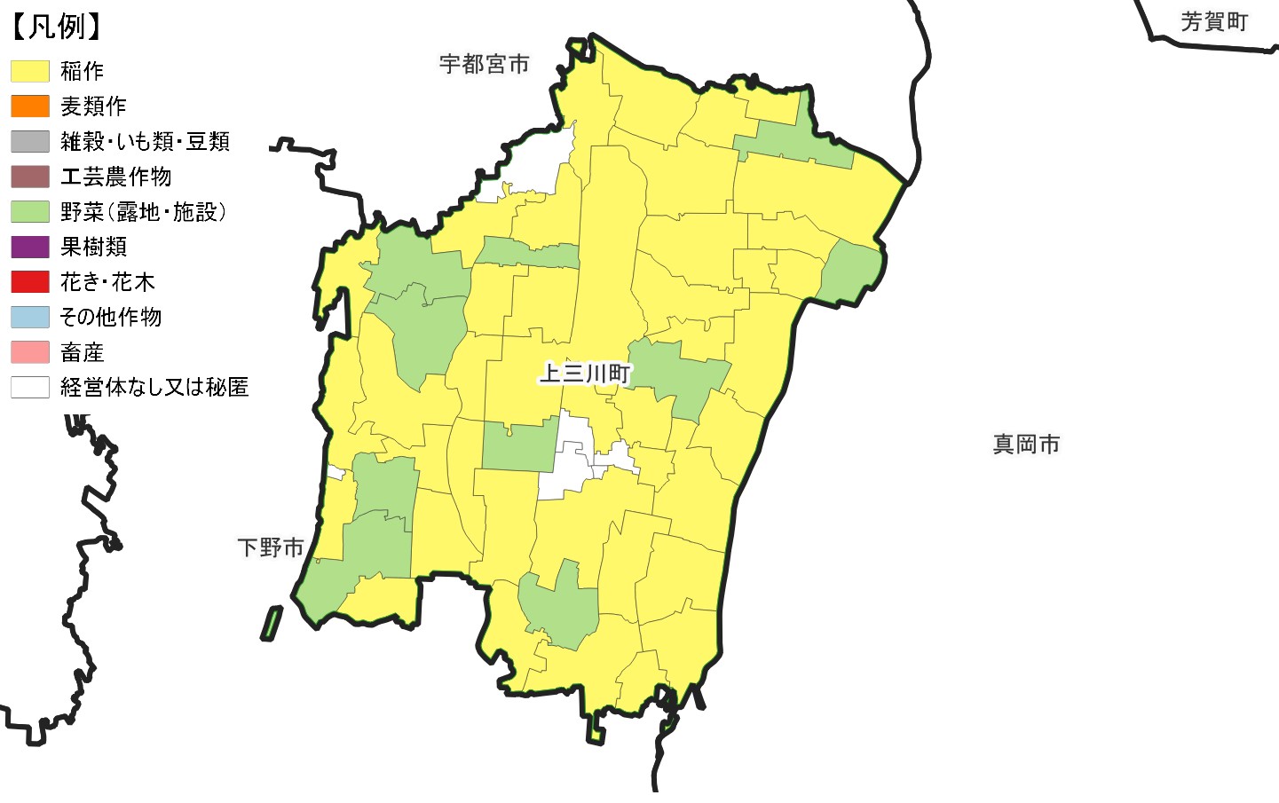 上三川町の農産物販売金額1位部門経営体表示地図