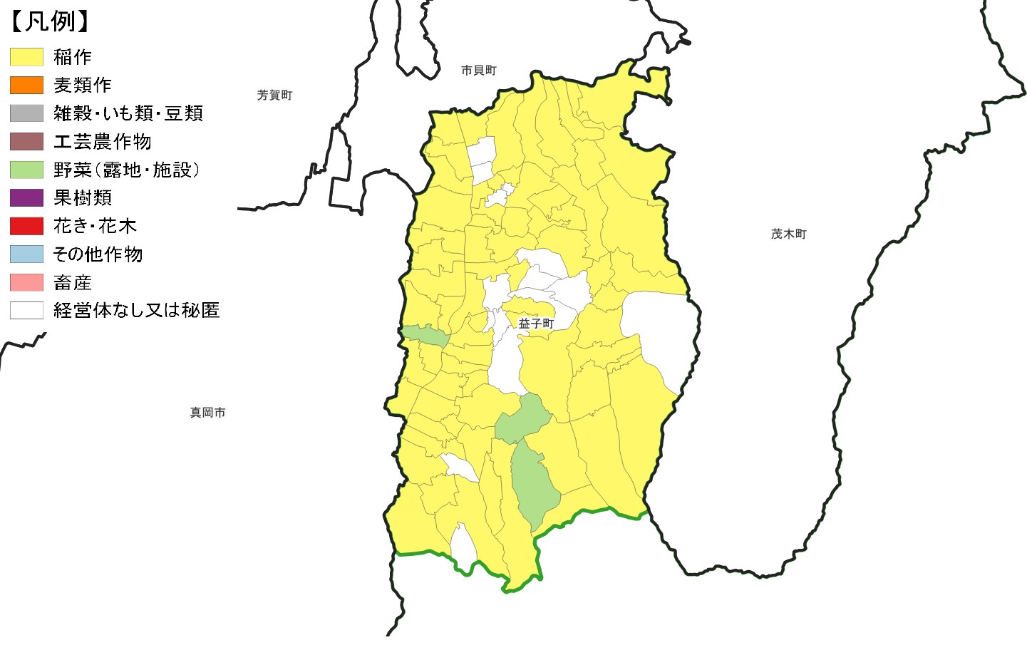 益子町の農産物販売金額1位部門経営体表示地図