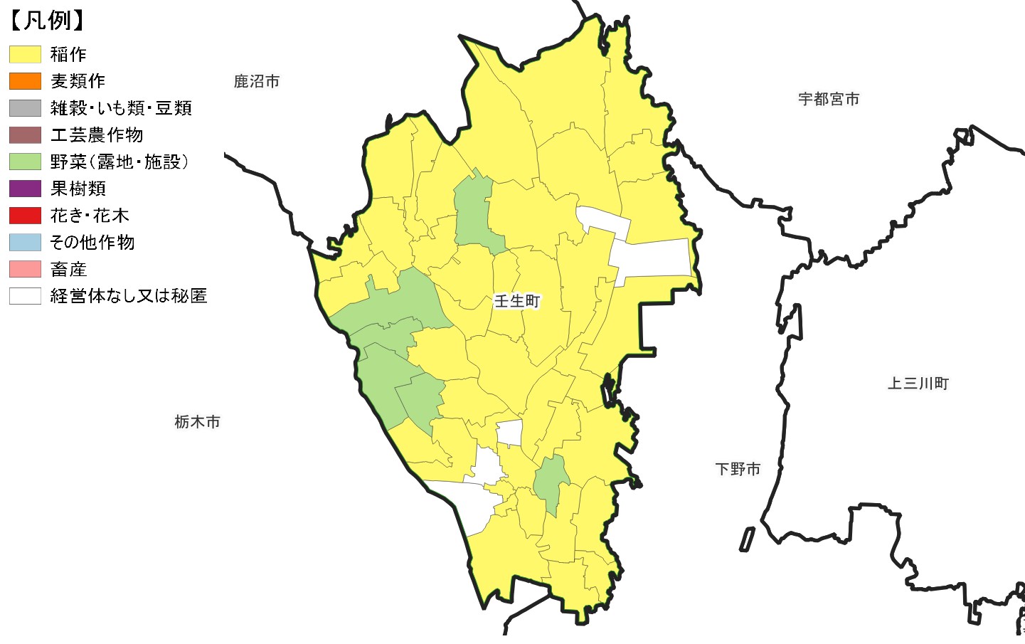 壬生町の農産物販売金額1位部門経営体表示地図