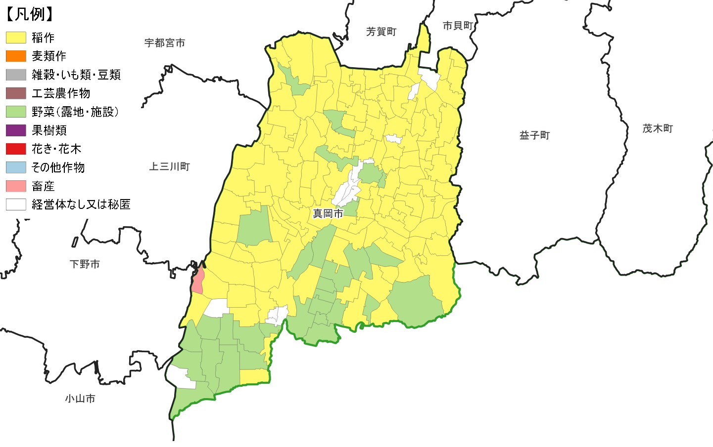 真岡市の農産物販売金額1位部門経営体表示地図