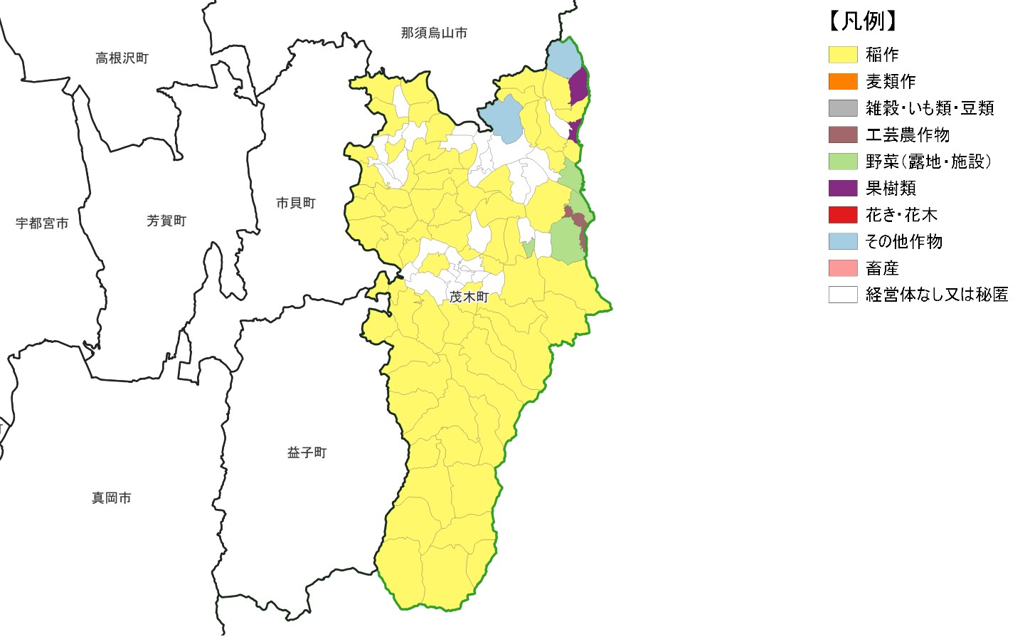 茂木町の農産物販売金額1位部門経営体表示地図