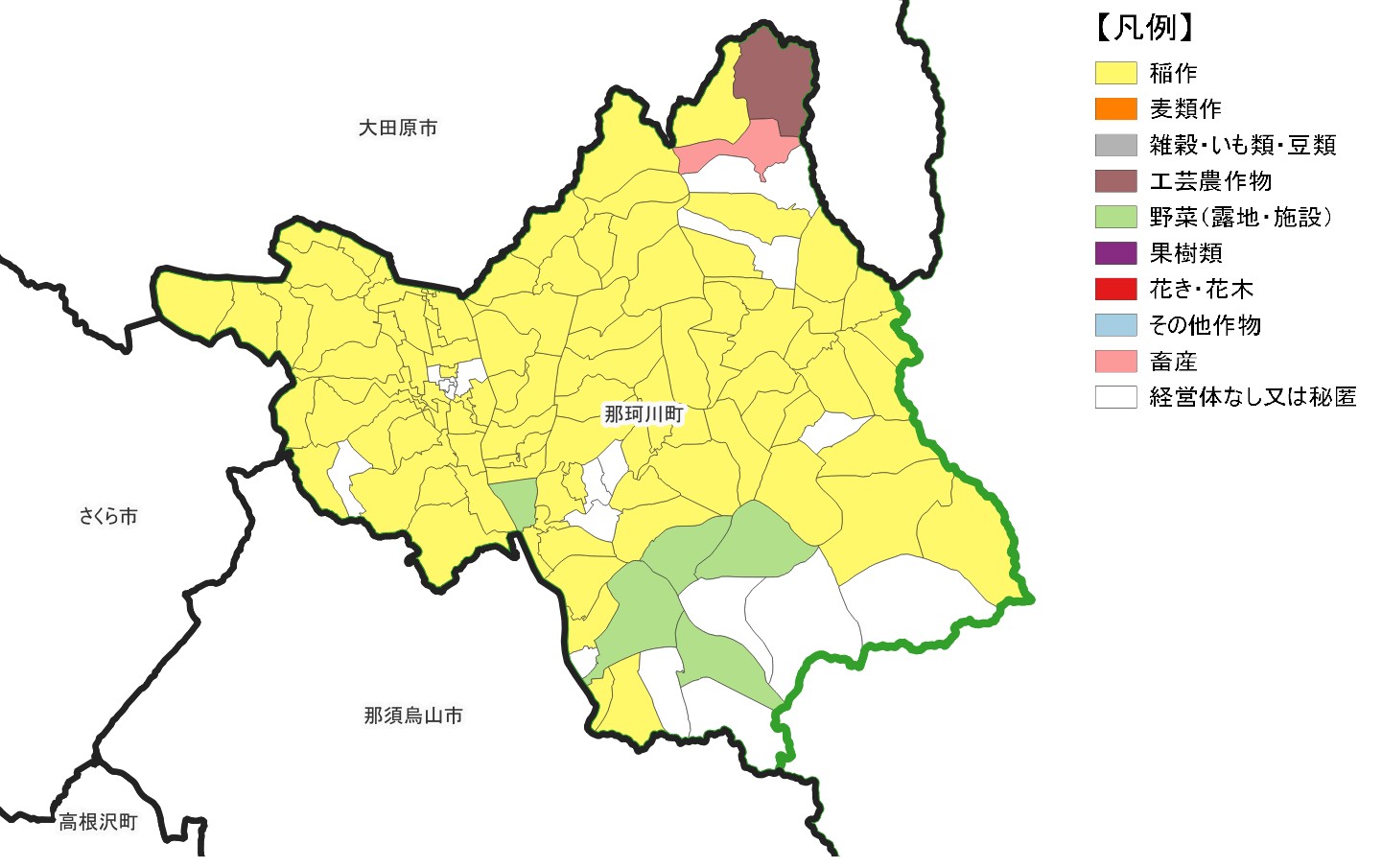那珂川町の農産物販売金額1位部門経営体表示地図