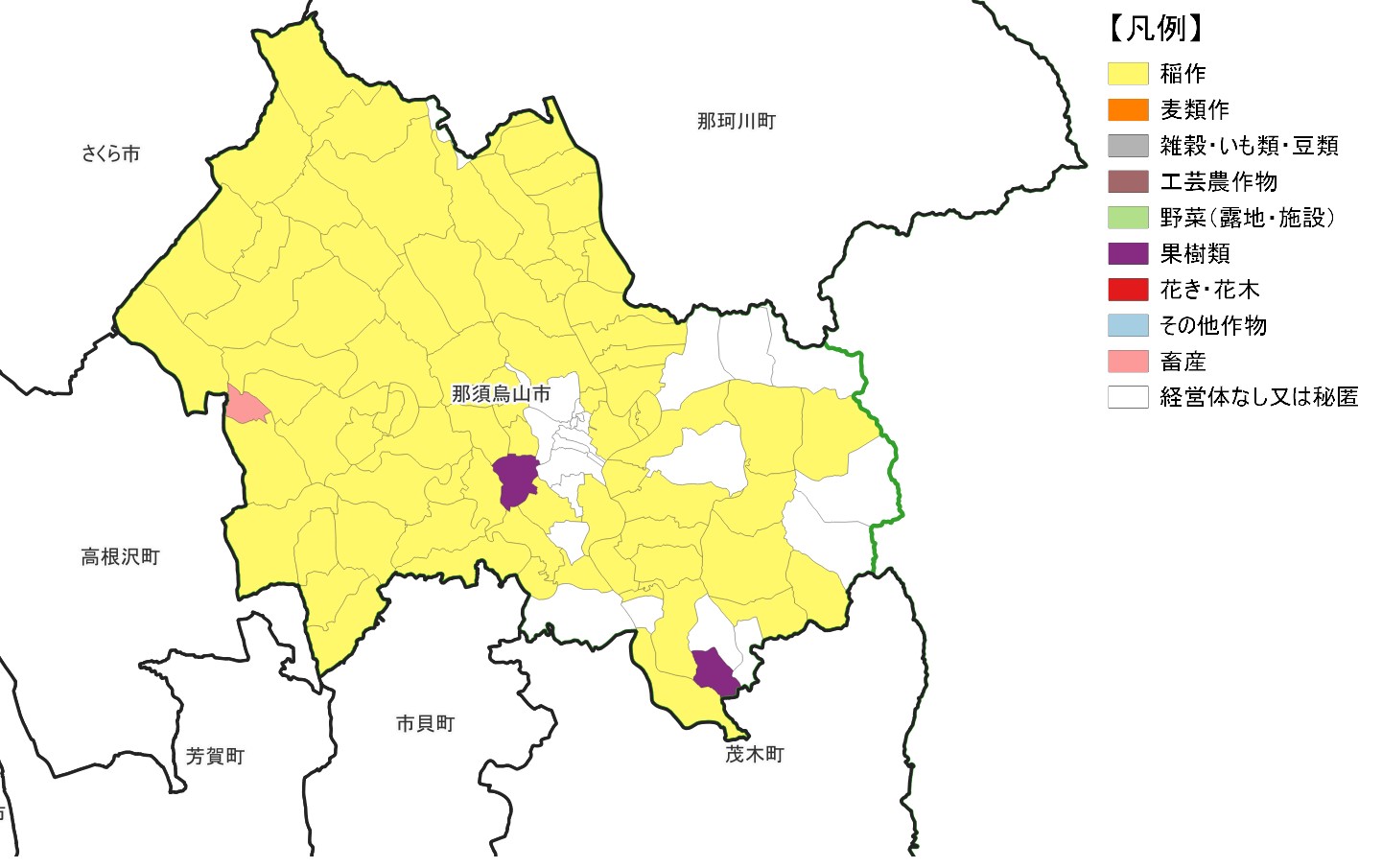 那須烏山市の農産物販売金額1位部門経営体表示地図