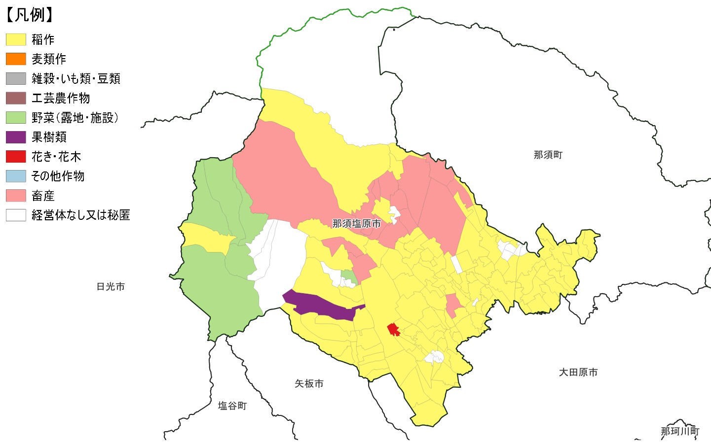 那須塩原市の農産物販売金額1位部門経営体表示地図