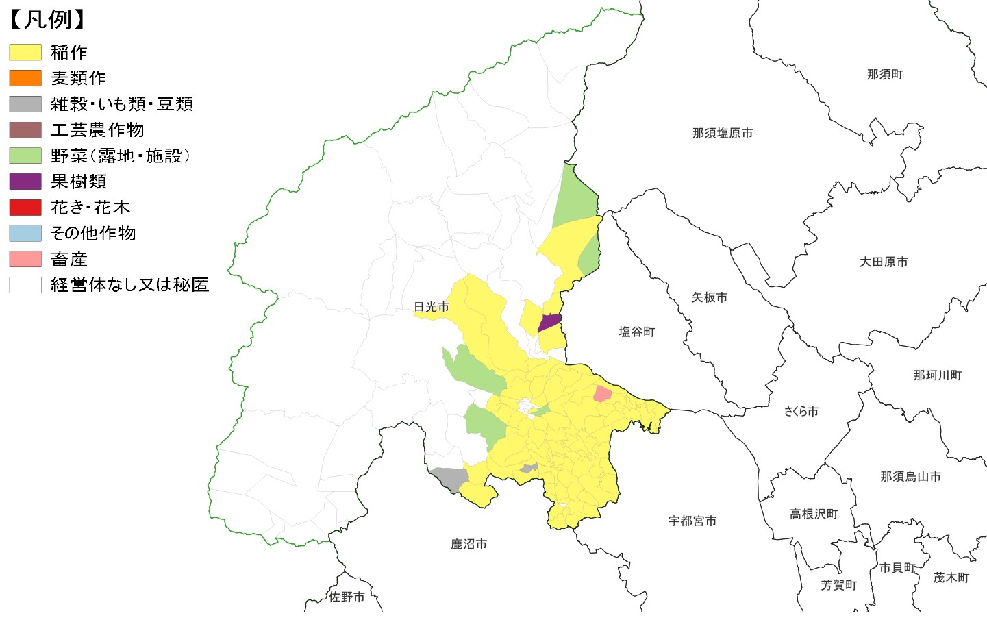 日光市の農産物販売金額1位部門経営体表示地図