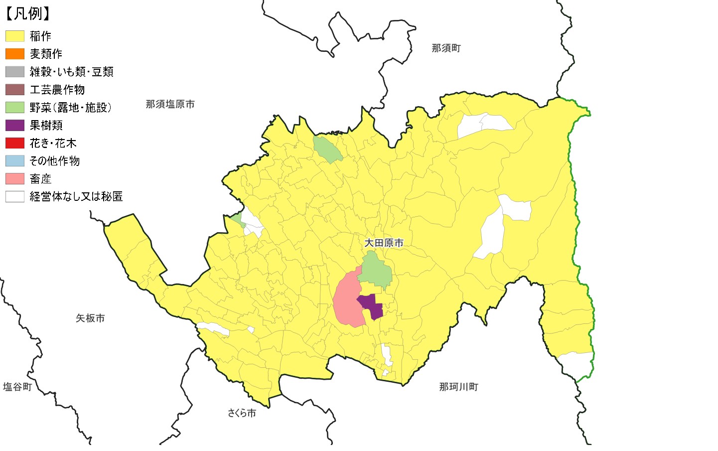 大田原市の農産物販売金額1位部門経営体表示地図