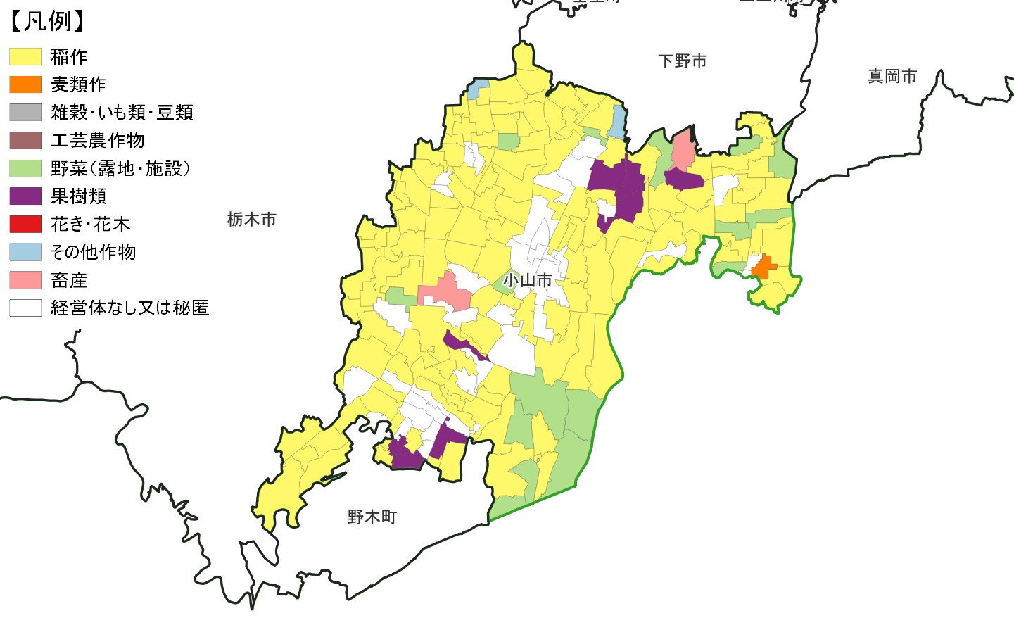 小山市の農産物販売金額1位部門経営体表示地図