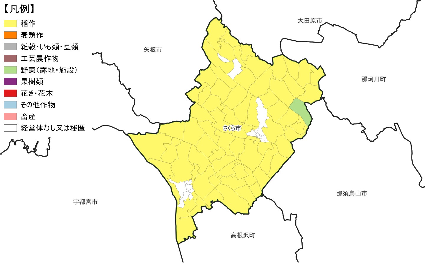 さくら市の農産物販売金額1位部門経営体表示地図