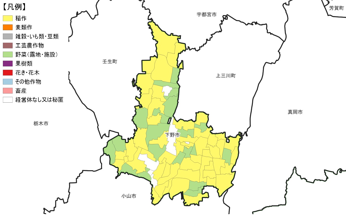 下野市の農産物販売金額1位部門経営体表示地図