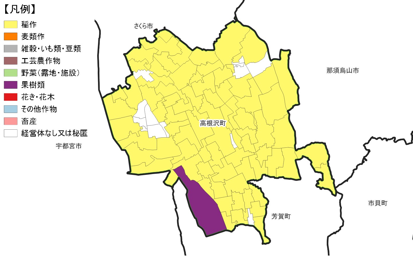 高根沢町の農産物販売金額1位部門経営体表示地図