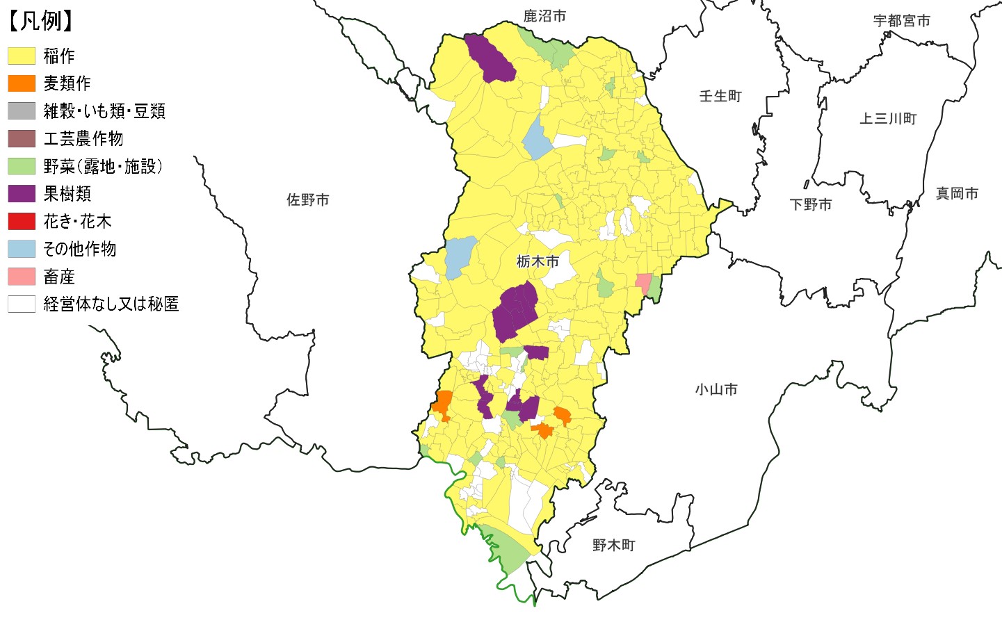 栃木市の農産物販売金額1位部門経営体表示地図