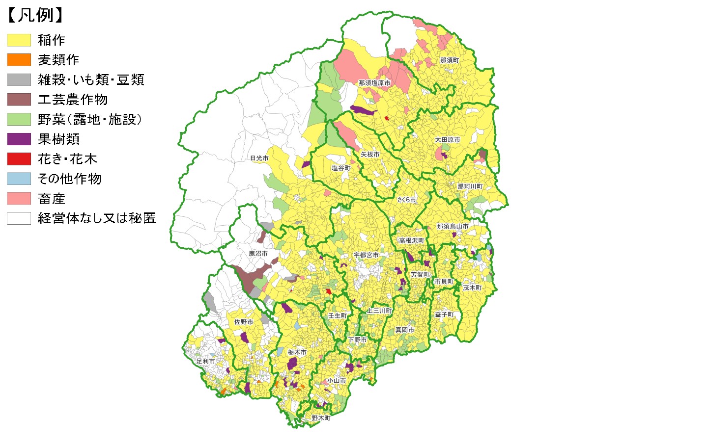 栃木県の農産物販売金額1位部門経営体表示地図