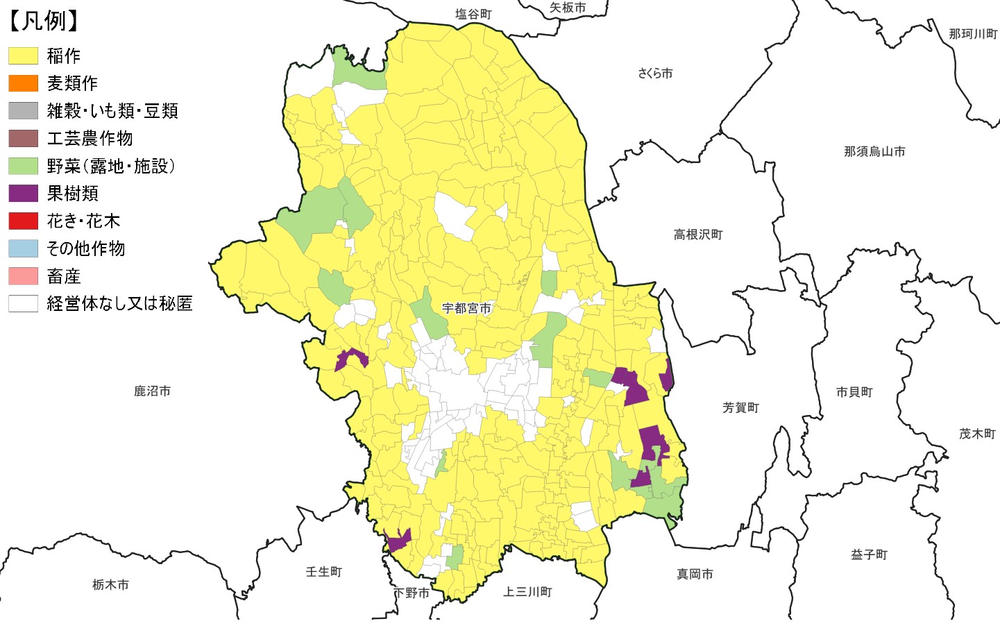 宇都宮市の農産物販売金額1位部門経営体表示地図