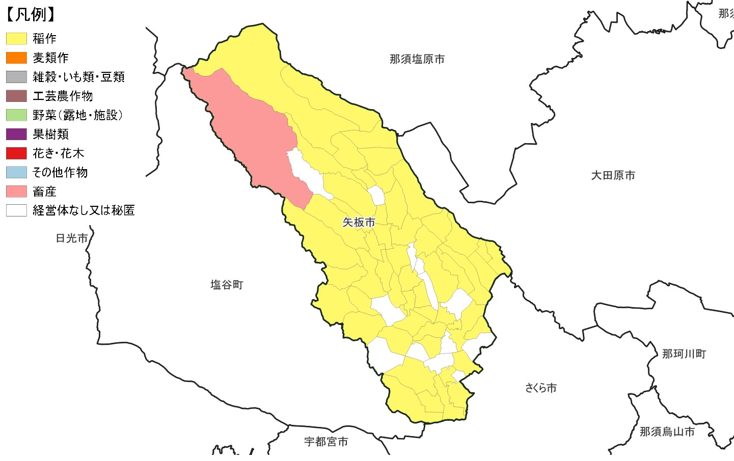 矢板市の農産物販売金額1位部門経営体表示地図