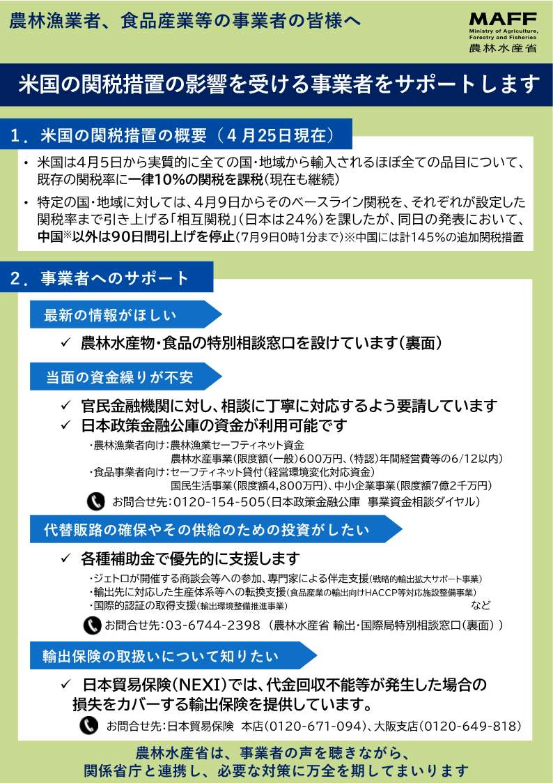 パンフレット「米国の関税措置の影響を受ける事業者をサポートします（農林漁業者、食品産業等事業者向け）」（表面）