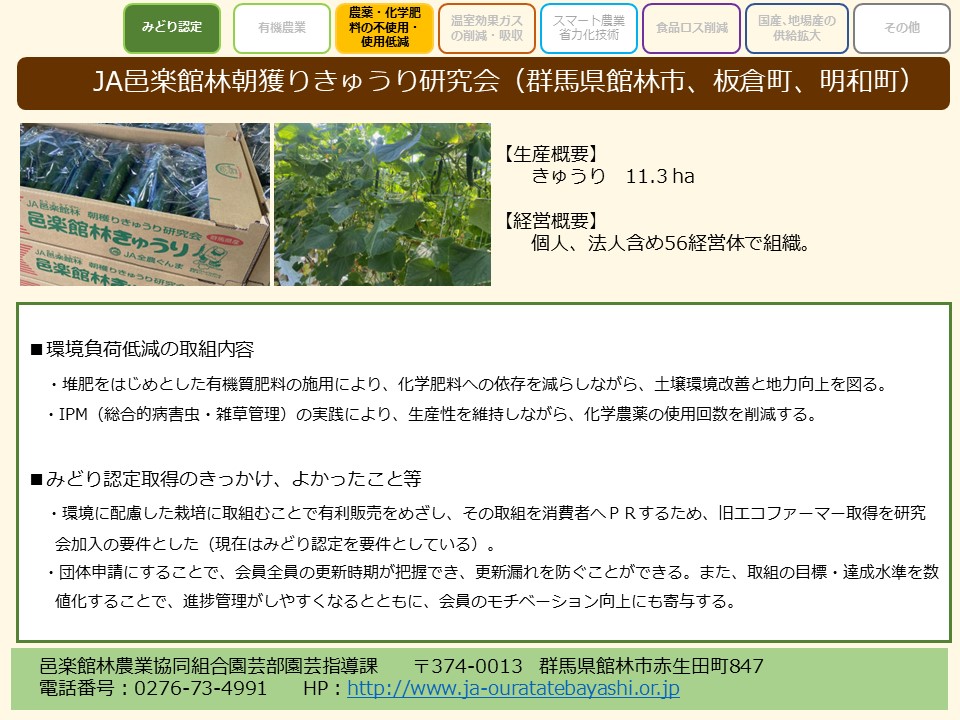 JA邑楽館林朝獲りきゅうり研究会(群馬県館林市、板倉町、明和町)