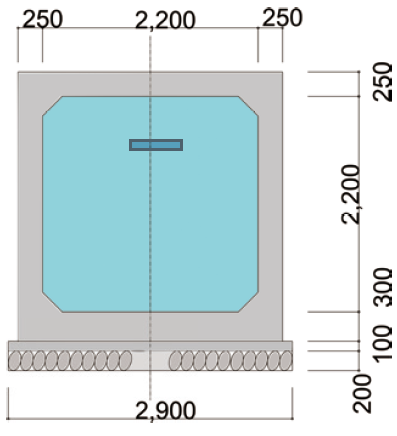 縦2700mm横2700mmの角柱型の水路です。