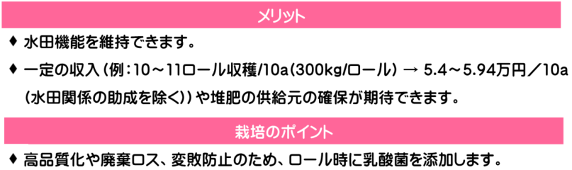 メリット。・水田機能を維持できます。・一定の収入や堆肥の供給源の確保が期待できます。