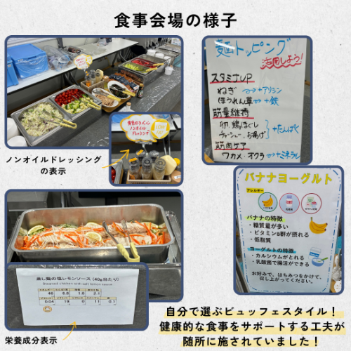 食事会場の様子&rarr;選手が自分で選ぶビュッフェスタイル。ノンオイルドレッシングの表示や栄養成分表示等、健康的な食事をサポートする工夫が随所に施されていました。