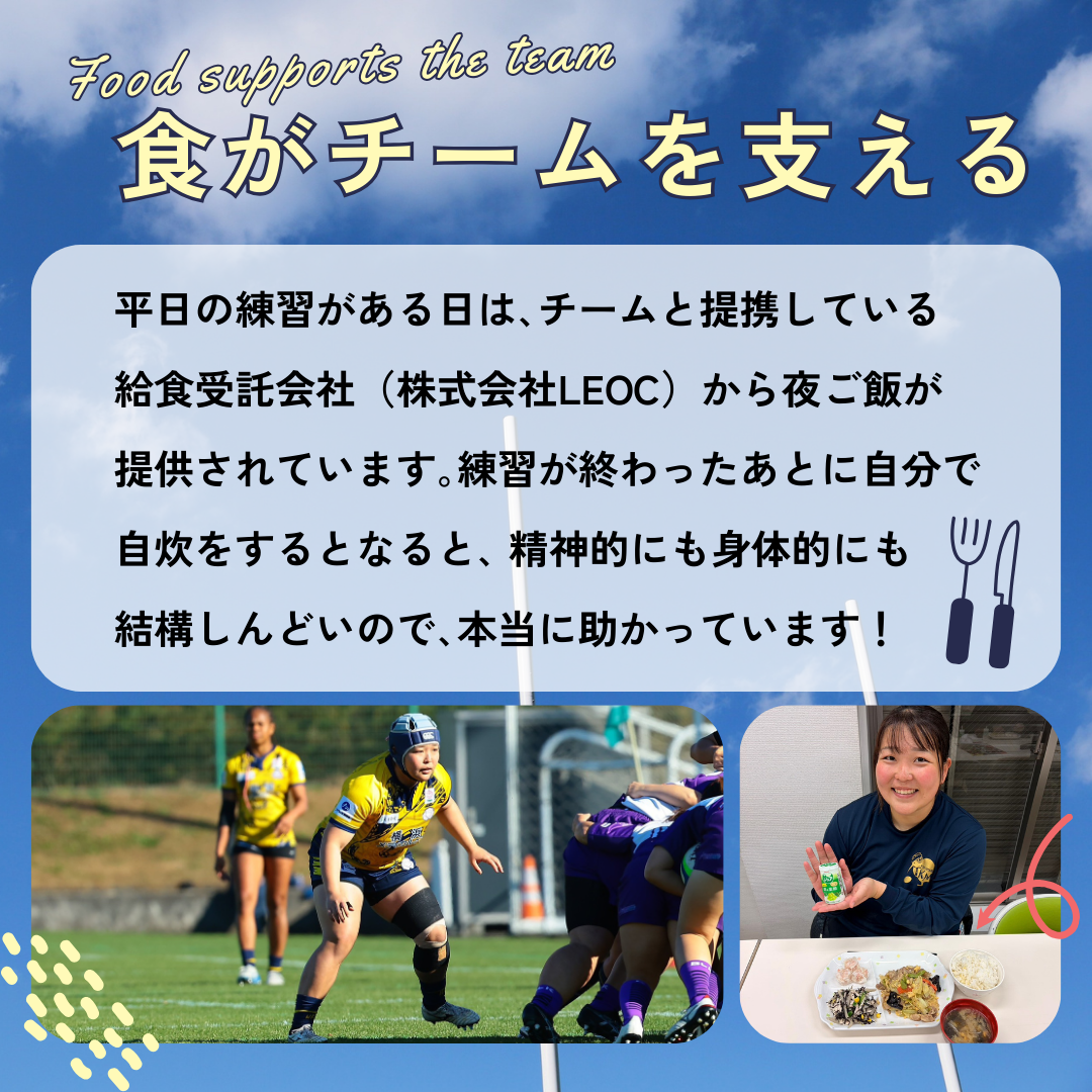 食がチームを支える→平日の練習がある日は、チームと提携している給食受託会社(株式会社LEOC)から夜ご飯が提供されています。練習が終わったあとに自分で自炊をするとなると、 精神的にも身体的にも結構しんどいので、本当に助かっています!