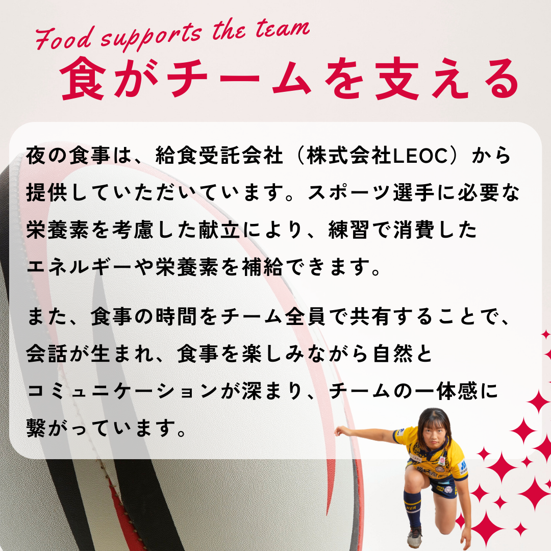 食がチームを支える→夜の食事は、給食受託会社(株式会社LEOC)から提供していただいています。スポーツ選手に必要な栄養素を考慮した献立により、練習で消費したエネルギーや栄養素を補給できます。また、食事の時間をチーム全員で共有することで、会話が生まれ、食事を楽しみながら自然とコミュニケーションが深まり、チームの一体感に繋がっています。
