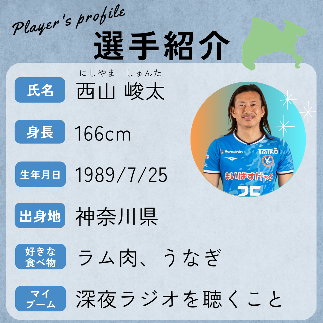 選手の紹介→身長:166cm、生年月日:1989年7月25日、出身地:神奈川県、好きな食べ物:ラム肉・うなぎ、マイブーム:深夜ラジオを聴くこと