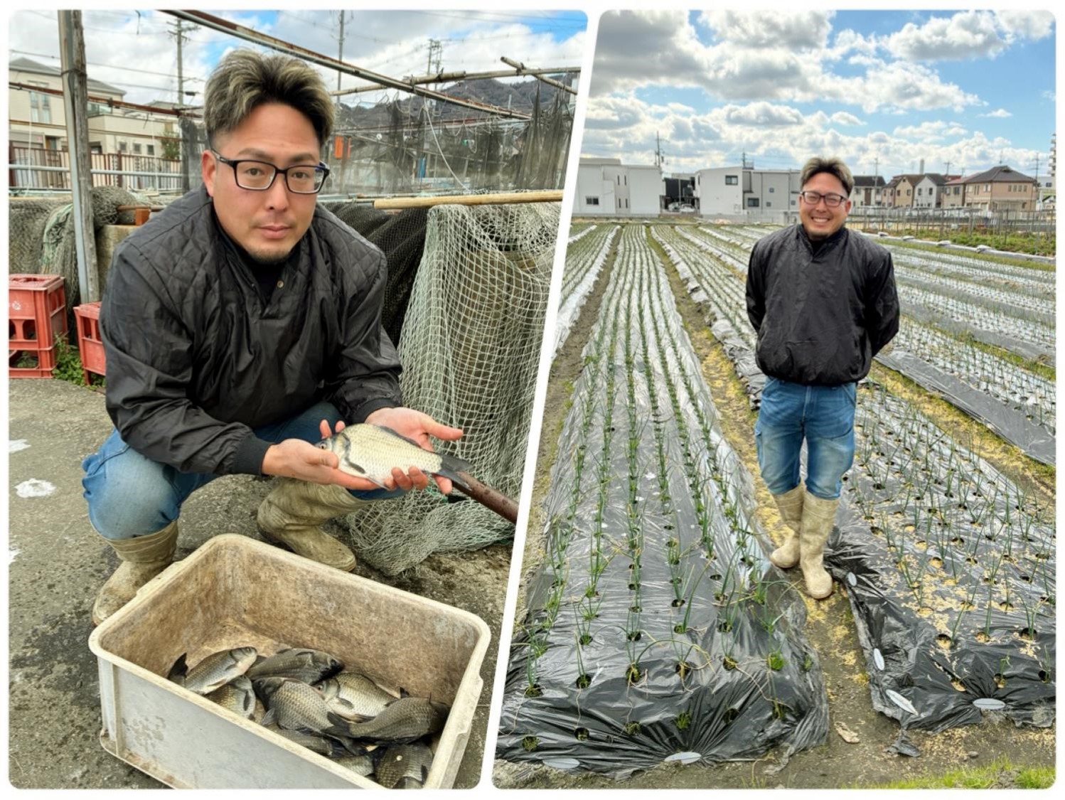 河内ブナを手にする山口さんと笑顔で玉ねぎ畑に立つ山口さん
