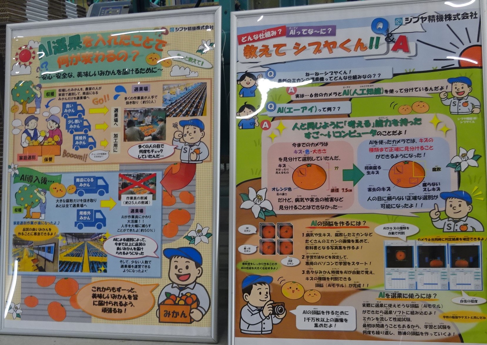 AI選果機の説明を書いた2枚のポスターを並べた画像