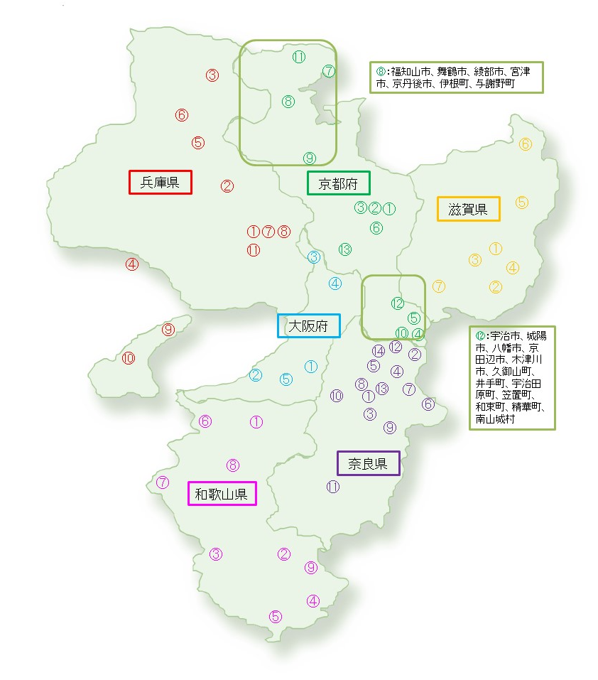 近畿地方の農泊地域の位置図