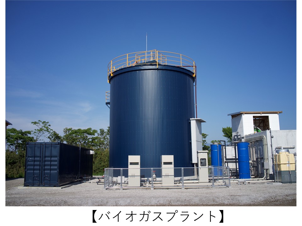 青空の下、紺色の大型円筒形タンクを中心に、配管設備・制御盤・青色ドラム缶・コンテナ・建屋が配置されたバイオガスプラントの全景。タンク上部には黄色の安全手すりが設置されており、周囲はフェンスで囲まれている。