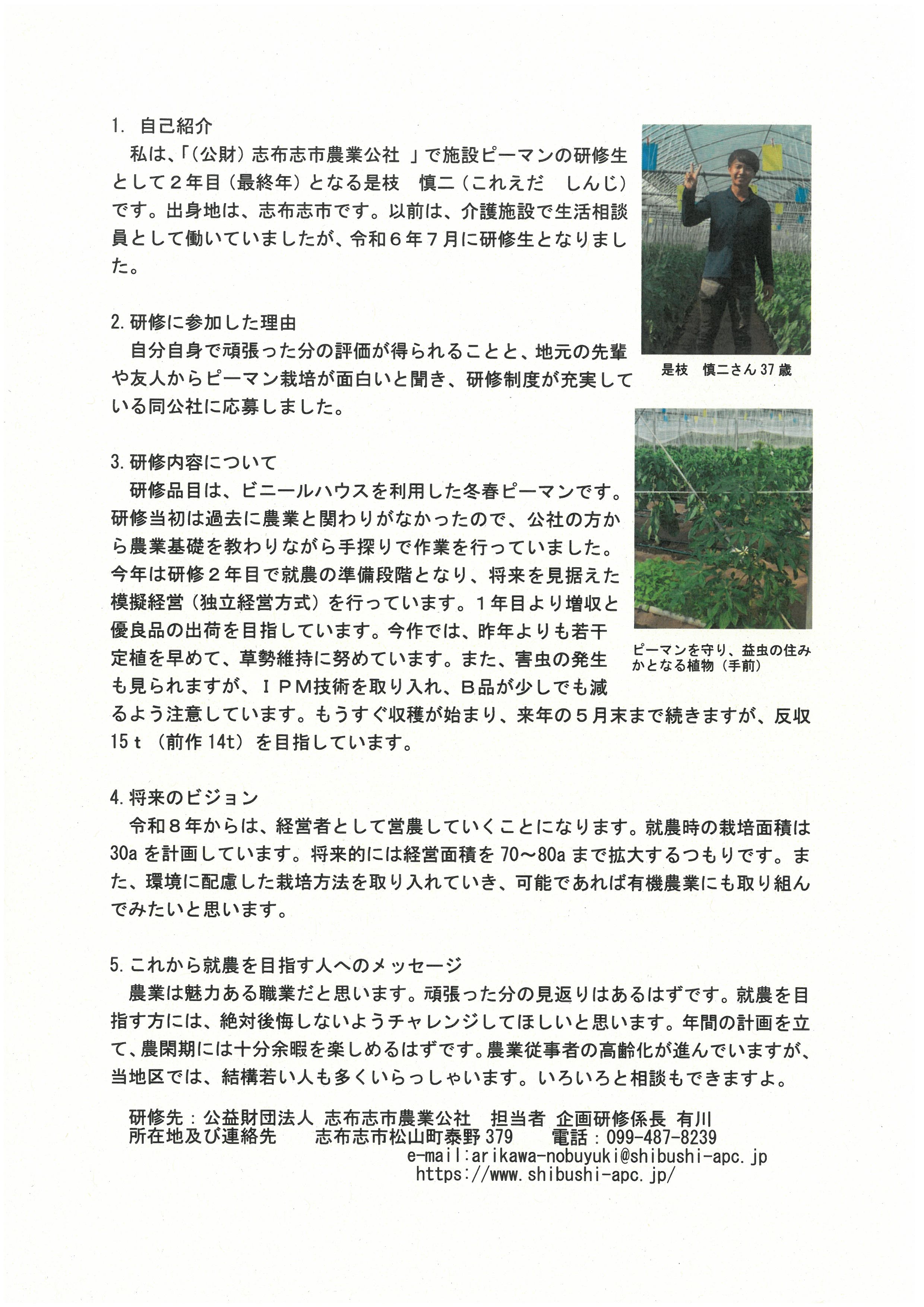 「(公財)志布志市農業公社 」で施設ピーマンの研修生として2年目(最終年)となる是枝 慎二さん