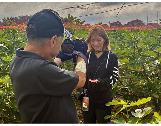 いちじく畑で、収穫した果実を手にした農業女子を写真家が撮影しています。