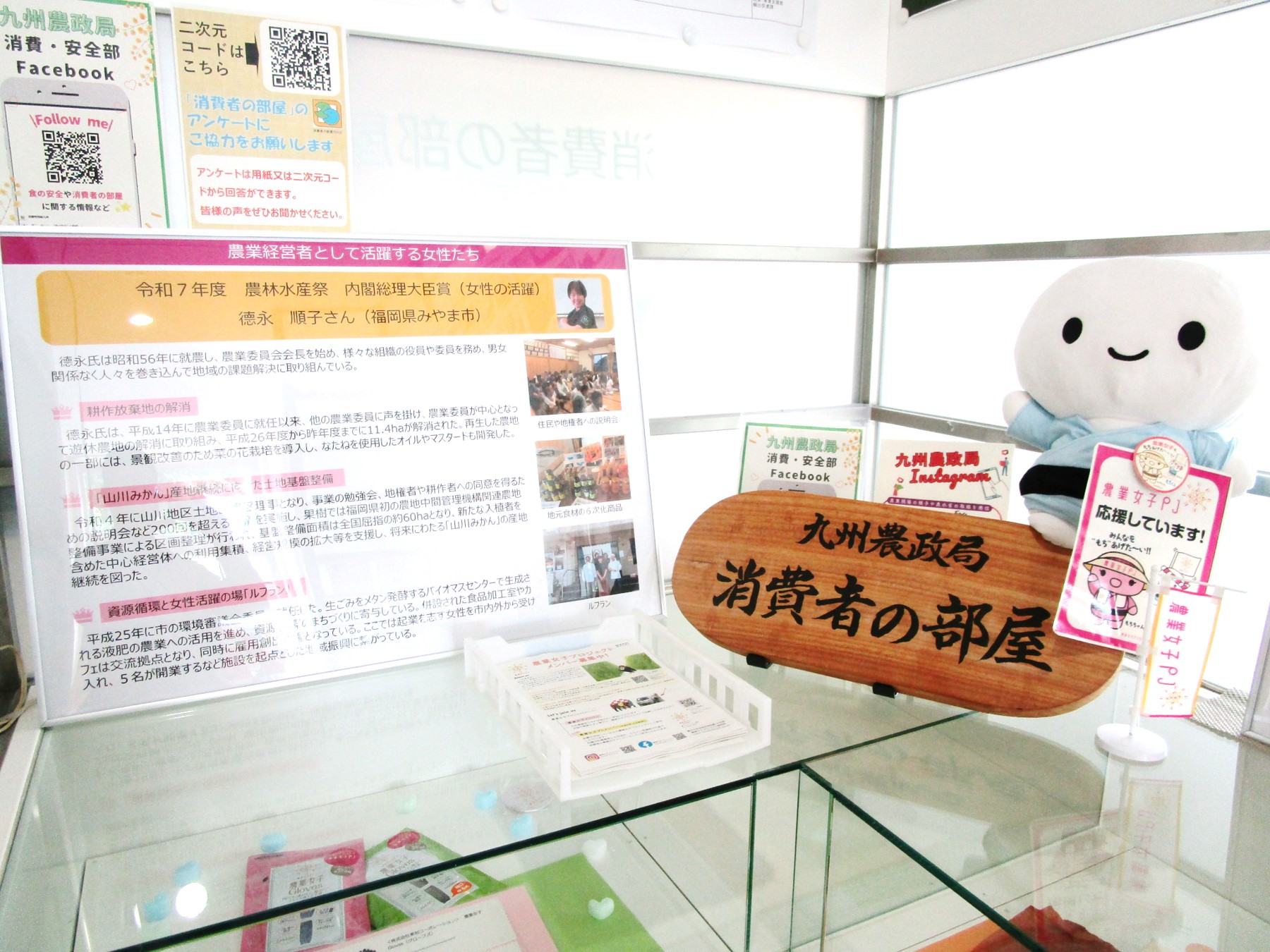 １階消費者の部屋ガラスケース上の展示風景及びパンフレット