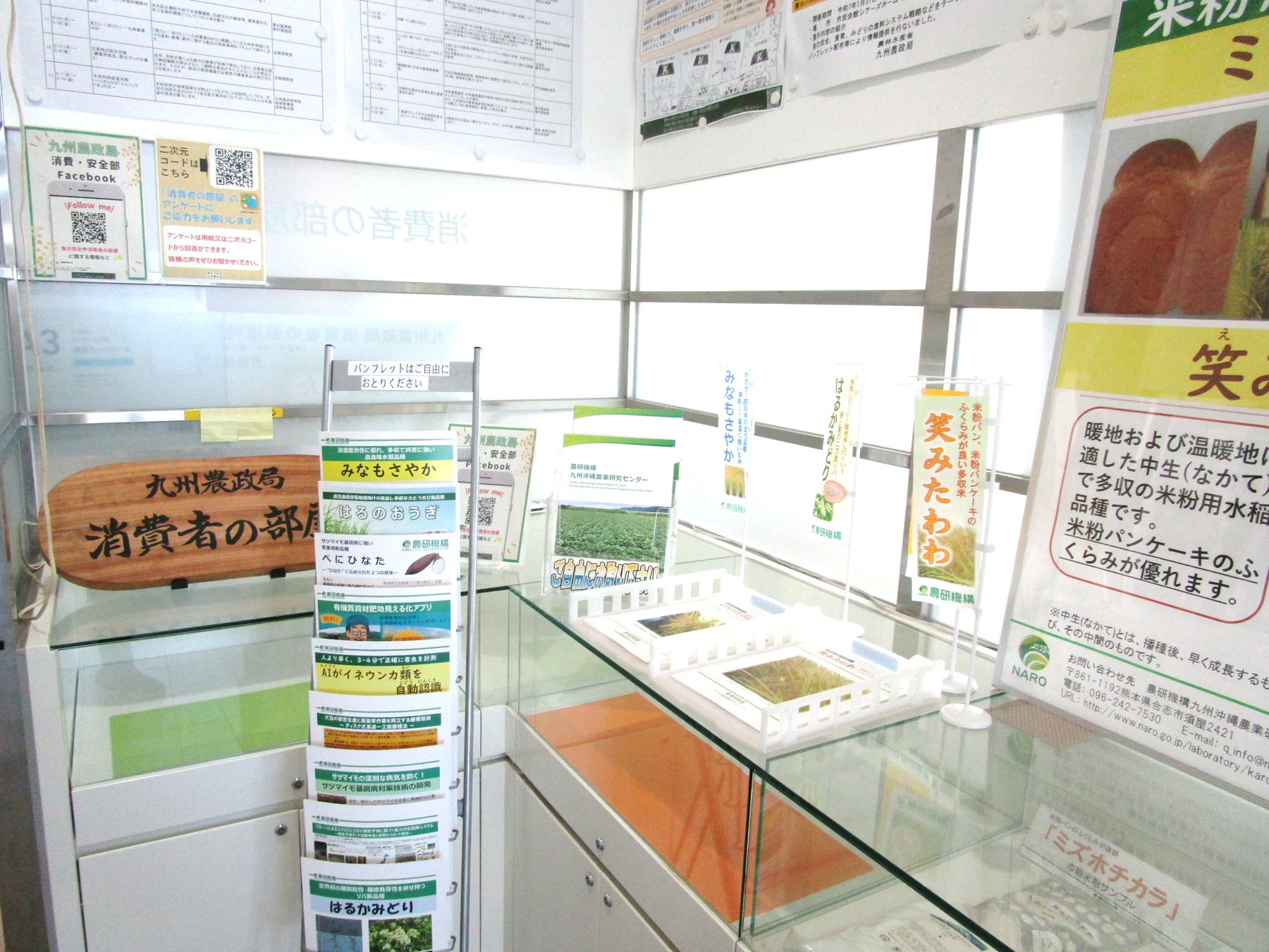 １階消費者の部屋ガラスケース上の展示風景及びパンフレット
