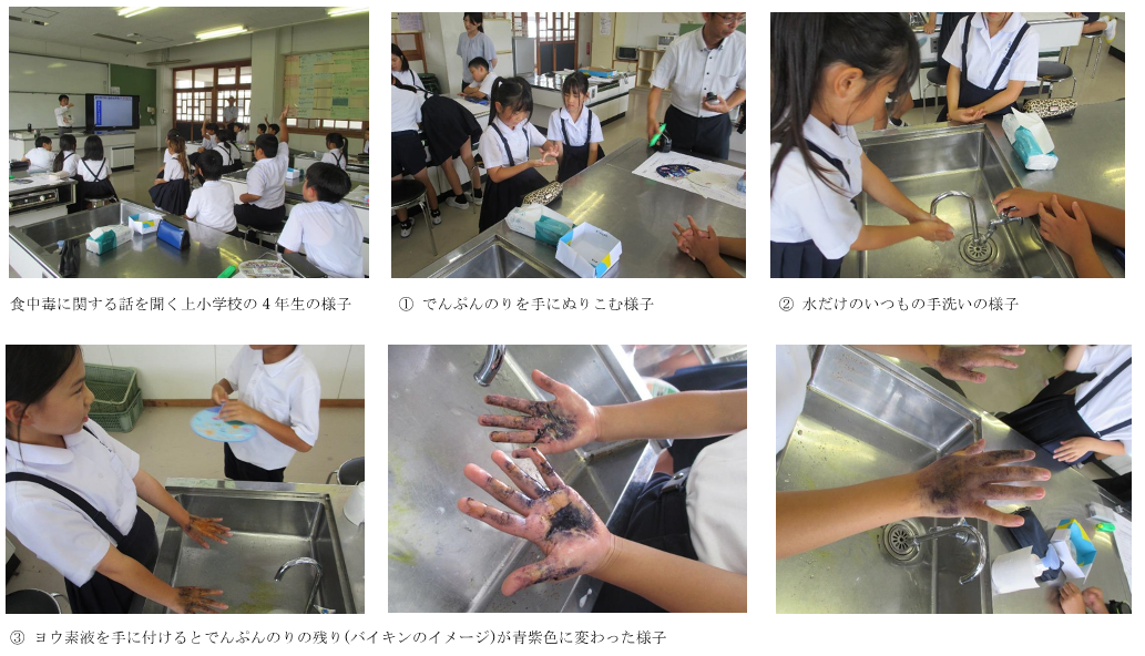 でんぷんのりを手につける、水洗いをする、ヨウ素液を手に付ける、残った汚れに色が付く様子
