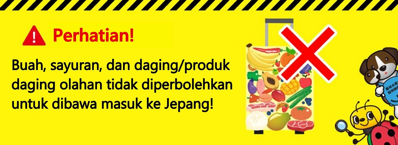 Buah, sayuran, dan daging/produk daging olahan tidak diperbolehkan untuk dibawa masuk ke Jepang