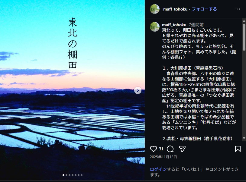 Instagram投稿写真(東北6県の棚田紹介)