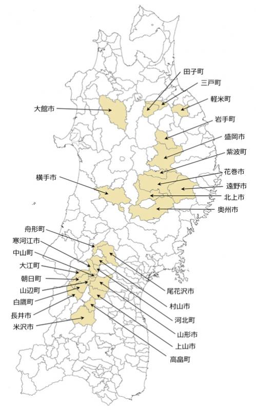 東北管内のホップ生産地マップ