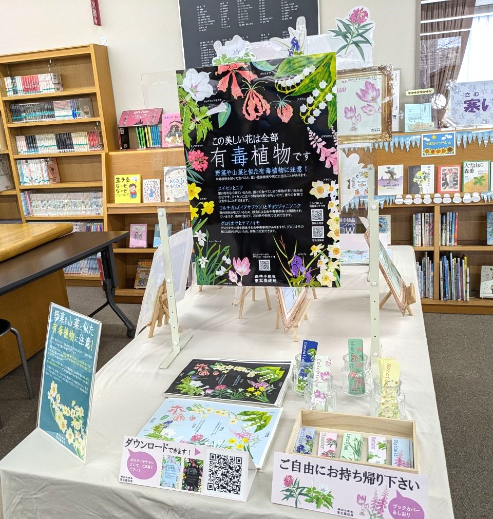 図書館に設置された有毒植物の注意喚起展示コーナー